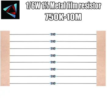 100gab 1/6W 1% Metāla filmu rezistors 750K 820K 910K 1M un 1,2 M 1.8 M 2M 2.2 M 2.4 M 3M 3.3 M UN 4.3 M 10M ohm