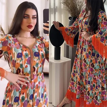 2023 Apelsīnu Elegants Musulmaņu Sieviete Kleita Musulmaņu Vasaras garām Piedurknēm V-veida kakla Pušķis Ilgi Abaya Musulmaņu Modes Kleitas Abaya Dubai