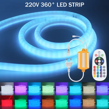 360 Kārta LED Lentes 220V 5050 RGB Neona LED Apgaismojumu ar Attālinātās 76LEDs Ūdensizturīgs Silikona Caurule Neona Lentes Dekoru