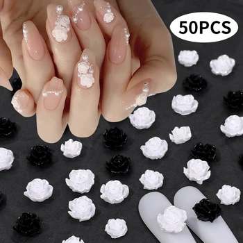 3D Sveķu Kamēlijas Ziedu Nail Art Rotājumi 50GAB Melna Balta Rožu Ziedi Dizains, Manikīrs, Nagu Art Rhinestones Rotājumi