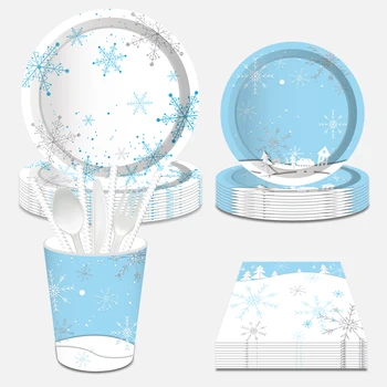 Aukstā Ziemas Snowflakes Modelis Un Vienreiz Lietojamo Trauku Komplekti Krūzes Priecīgus Ziemassvētkus Puse Šķīvja Kausa Papīra Salvetes Jaungada Puse Dekori