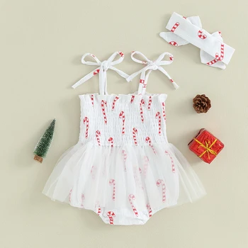 Baby Girl Ziemassvētku Drēbes Cukurniedru Ziemassvētku Eglīte Drukāt bez Piedurknēm Romper Kleita un Galvas stīpa 2 Gabals Tērpiem