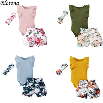 Blotona Jaundzimušais Meitenes 3Pcs Apģērbs Lidot Piedurknēm tīrtoņa Krāsu Salātu Mežģīņu Romper+Ziedu Bikses+Galvas Vasaras 0-18Months