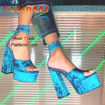 Blue Velvet Modes Modeļa Kurpes 11CM Sexy Puse Vasaras Sandales Platformas Kluba Sieviešu augstpapēžu Luksusa Rhinestone Siksnu Sprādzes