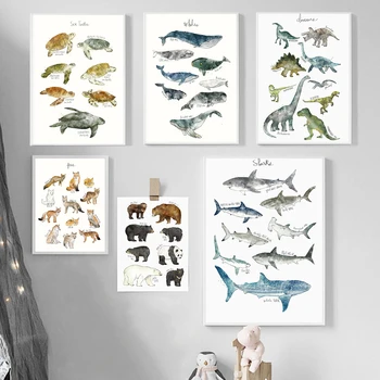 Bērnu Plakātu Dinozauri Vaļu Haizivs Lapsas, Lāči, Dzīvnieku Audzētavu Audekls Mākslas Drukāt Izglītības Sienas Attēlu Krāsošana Kids Istabas Dekors
