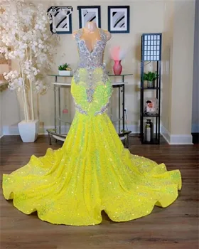 Dzeltena Milzīgais O Kakla sirēna, Balles kleitas, Melno Meiteņu 2023 Gillter Sequined Kristāla Vakara Tērpi vestidos ceremonia