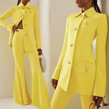 Dzeltena Sieviešu Kostīmi Pasūtījuma Birojs Modes Dāma Garām Piedurknēm, V Veida Kakla Pieguļoša Žakete Plaša Kāju Bikses 2 Gabali