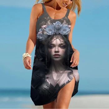 Dāmas Diablo Prasmes Sexy Kleita 3D Portreta Druka Mini Kleita Ielas Āra Sieviešu Apģērbu Ikdienas Pilna Kompleksa Kleita