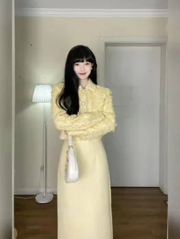 Franču Šiks Dzeltena Modes Elegants Plus Lieluma Svārki Sieviešu Rudens Ziemas Elegants korejiešu Stilā, Augstas Kvalitātes Jaka estētisko