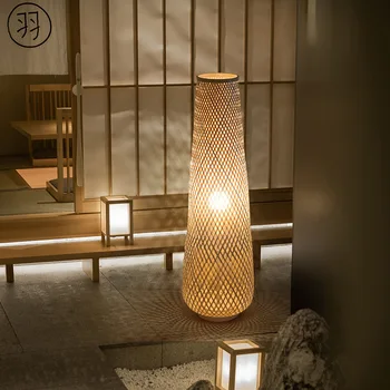 Japāņu Cilindru Kulons Lampas Kārklu Stāv Tējas Guļamistabas Gultas Dzīves Apdare, Koka E27 Austi Retro Bambusa Grīdas Lampa