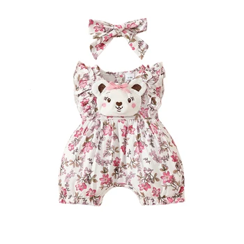 Jaundzimušais Baby Girl Vasaras Apģērbs Zīdaiņiem Savirmot Bez Piedurknēm Lācis Ziedu Drukāt Jumpsuit Romper Galvu Drēbes