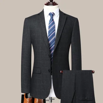 Jauns (Žakete+ Bikses) Vīriešu Modes Biznesa itāļu Stila Slim-fit Darba Pleds Biznesa Uzvalks, Kāzu Līgavaiņa Labākais Vīrs Uzvalku