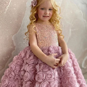 Jaunu Pārrobežu Princese Roze Pasaku Bērnu Meitenei Kleita-LINE Puķu Meitene Kleitas Bumbu Kleita O-veida Kakla Kāzu svinības Notikumi