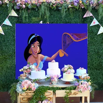 Karikatūra Disney Meitenes Princese Laimes Dzimšanas Dienā, Aladdin, Kas Peld Paklājs Jasmīns Zils Fons Partijas Apdare Pieredzi Banner