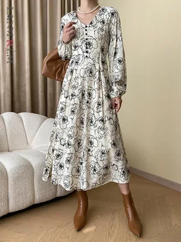 [LANMREM] franču Stilā, Drukas Dizains Kleitas Sievietēm 2024. Gadam Pavasara Jaunu V Kakla Pulcējās Vidukļa Eleganta Kleita Sieviešu Apģērbu 26D8165