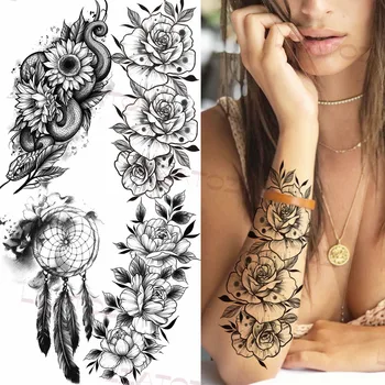 Lielās, Melnās Rozes Pagaidu Tetovējumiem Sievietēm Pieaugušo Čūska Peonija Spalvu Reāli Viltus Tetovējums Pasūtījuma Armband Sexy Ūdensizturīgs Tatoos