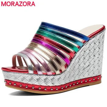 MORAZORA Vasaras kurpes augstākās kvalitātes ķīļi spuer papēžiem kurpes sieviete sandales modes iekšā cūku ādu ādas kurpes platformas