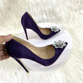 Pavasara violeta satīna norādīja toe rhinestone duncis darba apavi puse kleita visu maču liela izmēra maza izmēra sieviešu kurpes