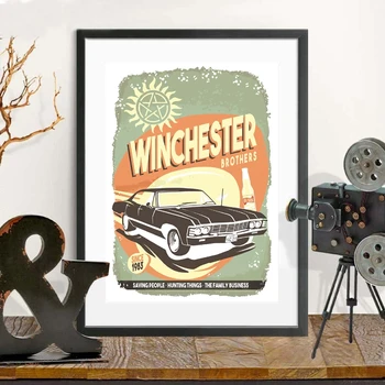 Pārdabisku Tv Šovs Audekla Plakāta Retro Impala Automašīnu Drukāt Garāžas Zīme Dekoratīvās Glezniecības Sam & Dean Winchester Brāļi Attēlu