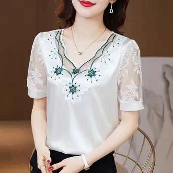 Sieviešu Apģērbs Vintage Ziedu Izšuvumu Krekls Elegants Mežģīņu V-veida Kakla Vasaras Jaunā Modes Dobi No Gadījuma Marli Raibs Blūze