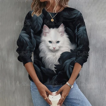 Sieviešu Gudrs Kaķis 3D Drukas garām Piedurknēm Krekls Modes Kaklasaites Krāsu Dizains O Kakla Gadījuma Brīvs Dzīvnieku Pulovers Hoodies