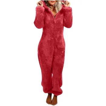 Sieviešu Onesies Ar Garām Piedurknēm Ar Kapuci Jumpsuit Pidžamu Gadījuma Ziemas Siltā Rompe Sleepwear Vilnas Tīrtoņa Krāsu Sleepwear Nightdress