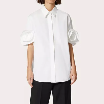 Sieviešu Vintage Tīras Kokvilnas Rose Puķu Krekls Modes Elegants Balts ar Īsām Piedurknēm Atloks Blūze Zaudēt Vienu Krūtīm, Top Jaunas 2024
