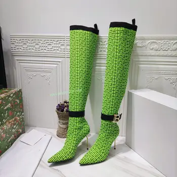 Sieviešu Zaļā Ceļa Gari Zābaki Modes Adītu, Izšūtu Iekšējais Slānis Nekustamā Ādas Elastības Boot Šovu Party Kāpumi Papēža
