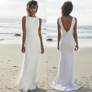 Vienkārši Elastību Mīksta Satīna Beach Kāzu Kleitas Sievietēm 2023 Līgavas Kleita V Atpakaļ Bohēmijas Sirēna Vestidos De Novia Elegants