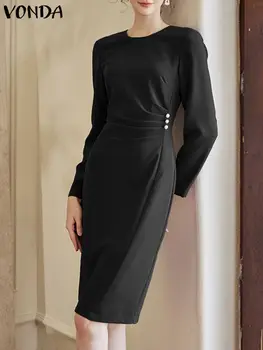 VONDA Elegants Birojs Midi Kleitu 2024. Gadam Modes Sieviešu Krekls ar garām Piedurknēm Sundress Gadījuma Vaļīgas Drēbes Femme vienkrāsainu Puse Vestidos