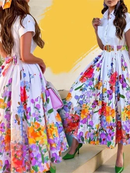 Ziedu Drukāt Kleitas Sievietēm Eleganto Ruched Buttoned Krekls Maxi Kleitas 2023 Jaunu Vasaras Brīvdienas Modes Gadījuma Vestido