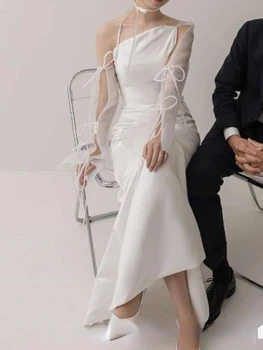 Šiks Šķībs Apkakles Ilgi Loku Mežģīnes Up Marli Piedurknēm Korejas Kāzu Kleitas Vienkāršu Cieto Slim Fit Sirēna Vestidos Eleganta Kleita